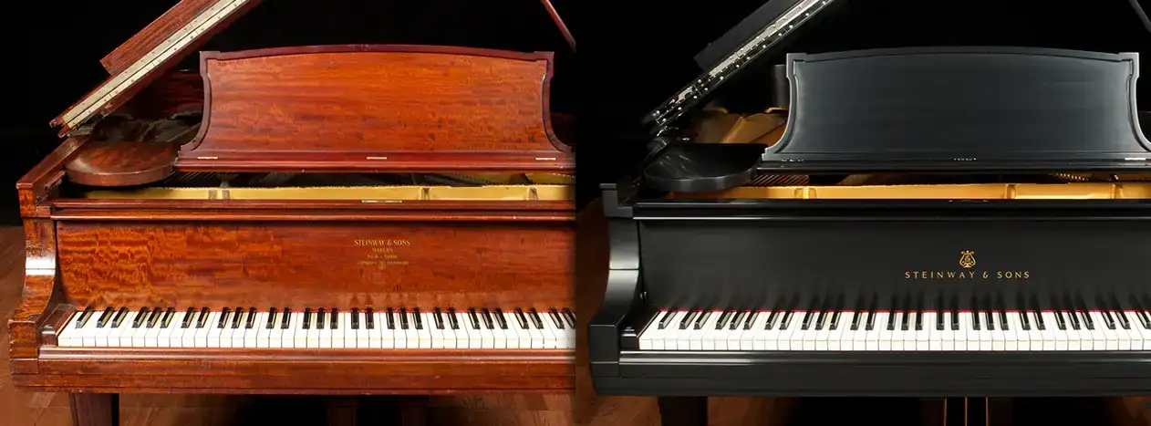 Before and after photo showing a sun-faded, wood-tone Steinway piano that was refurbished in a striking satin ebony finish.